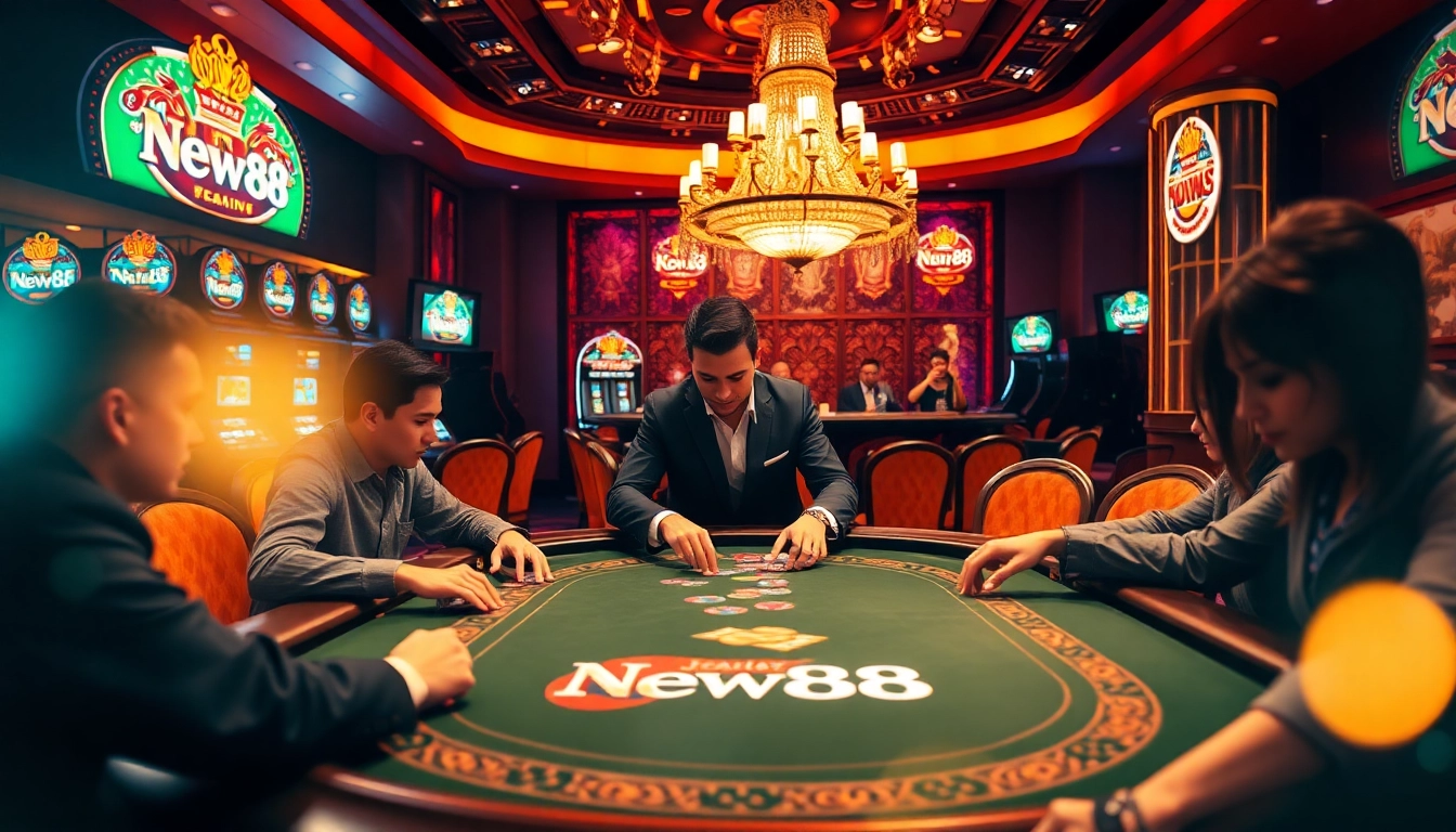 Experience excitement at New88's high-stakes poker table with players in action and vibrant casino atmosphere.