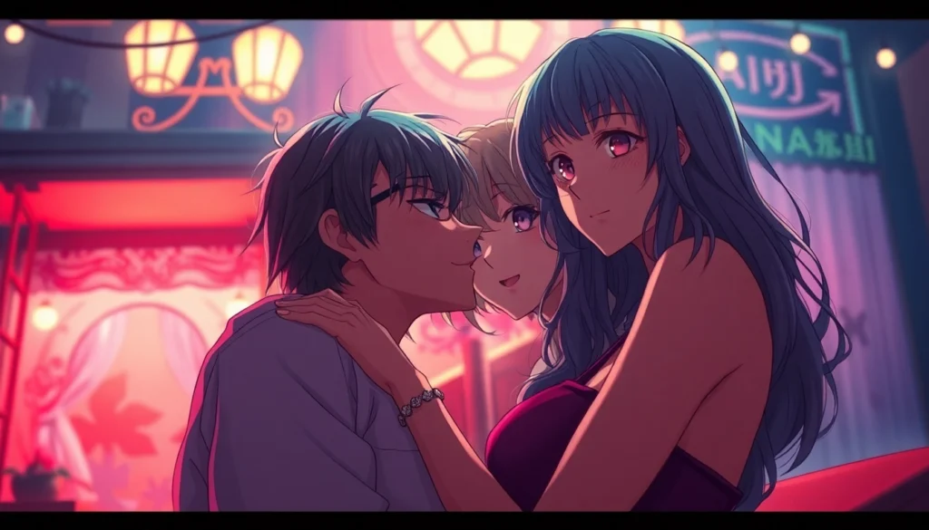 Vibrant anime scene depicting intimate characters in a romantic setting focused on anime sex.